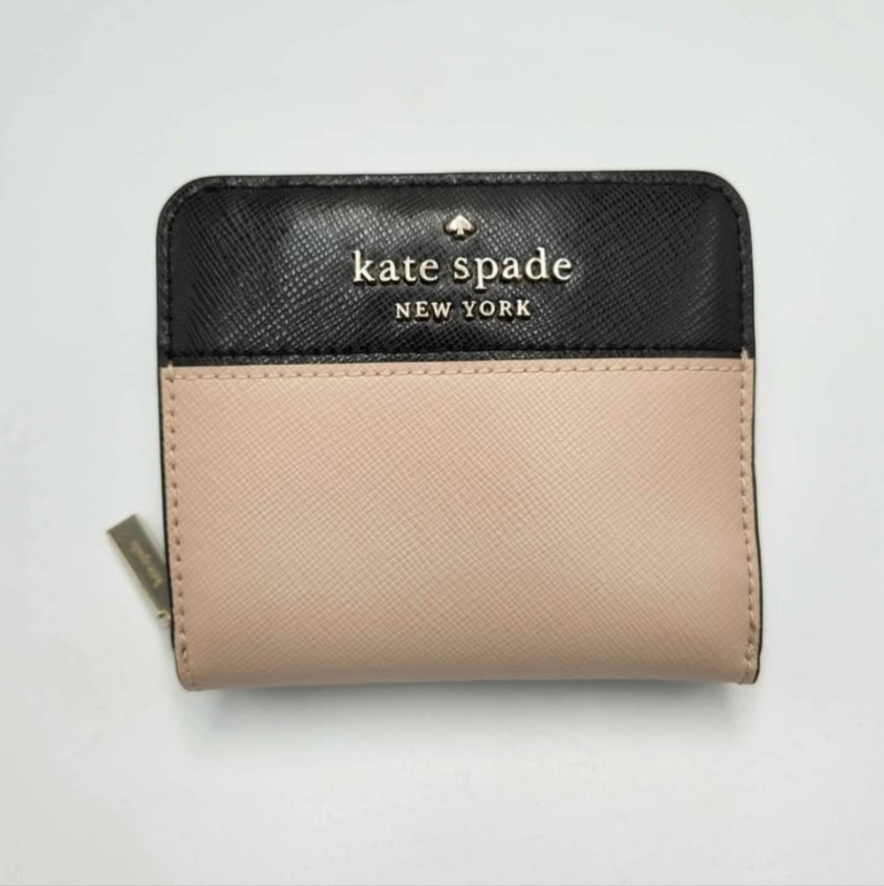 Kate Spade Staci Leather Colorblock Zip Around Bifold Wallet in Warm Beige